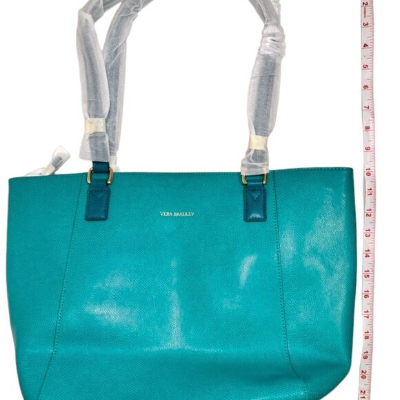 NEW Rare Vera Bradley Genuine Pebble Leather Ella Tote Purse Teal Blue Gold Gift - Picture 14 of 16